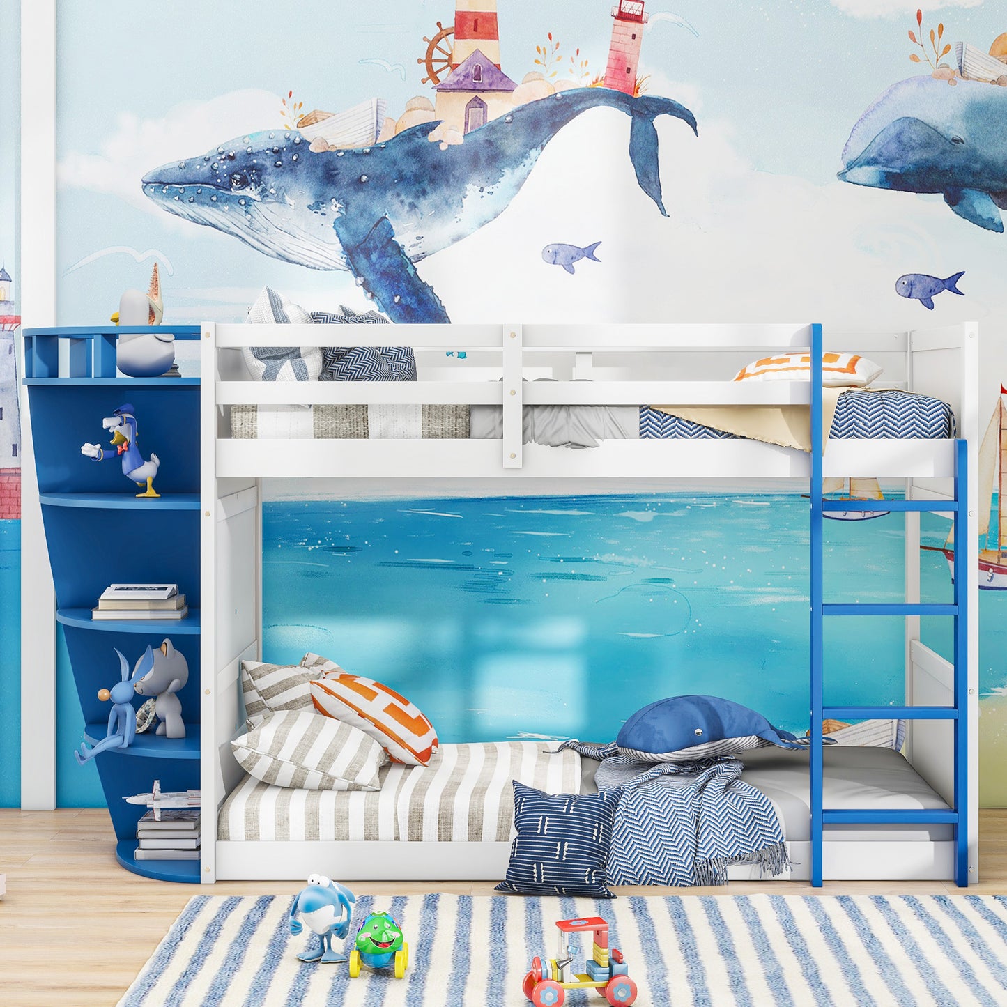 White and Blue Boat-Inspired Twin over Twin Bunk Bed with Storage Shelves