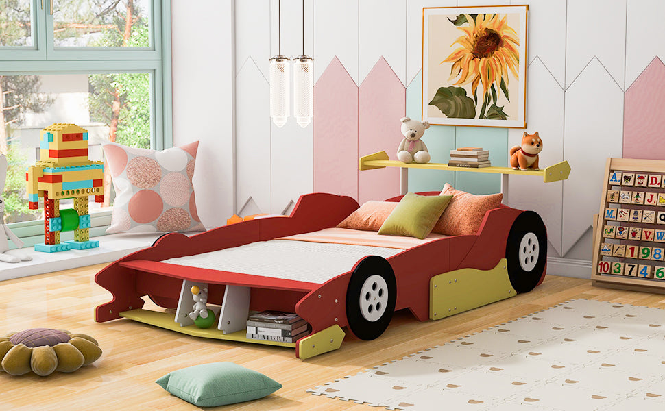 Full Size Race Car-Shaped Platform Bed with Wheels,Red