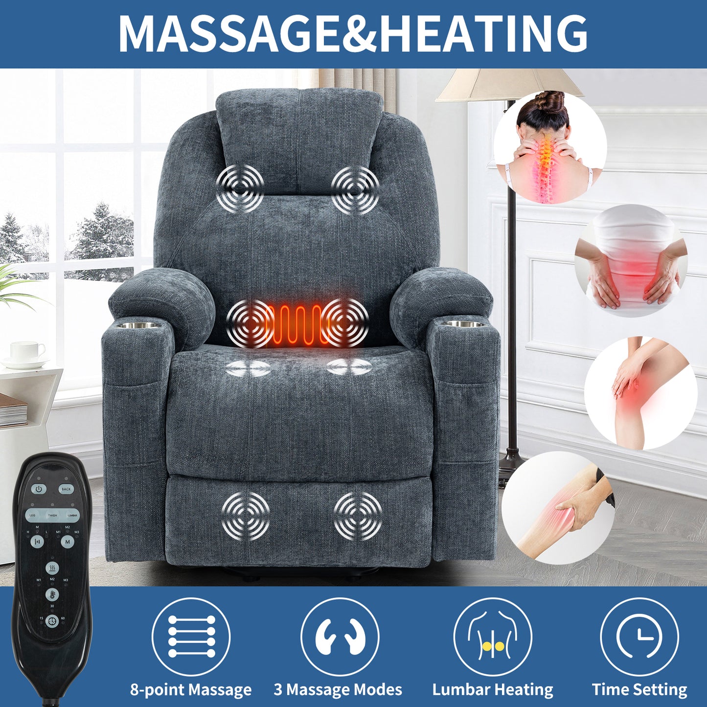 Blue Chenille Power Lift Recliner Chair with Massage and Lumbar Heating