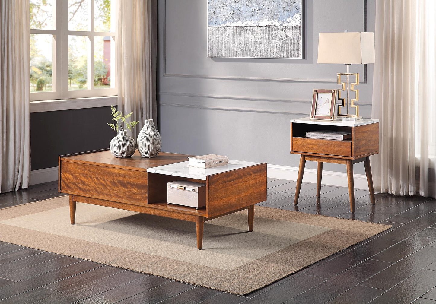 Elegant Lift Top Coffee Table with Faux Marble Top and Walnut Finish