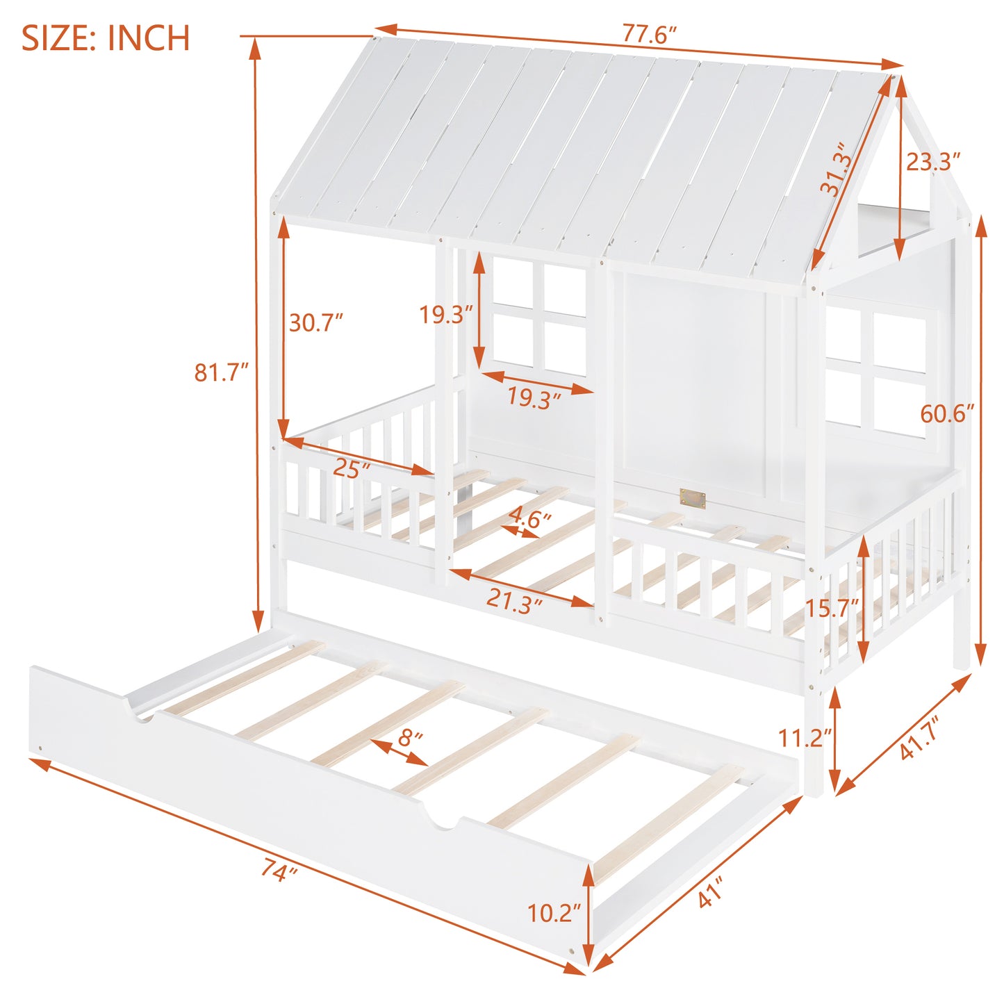 Twin Size Wood House Bed With Twin Size Trundle, Wooden Daybed, White