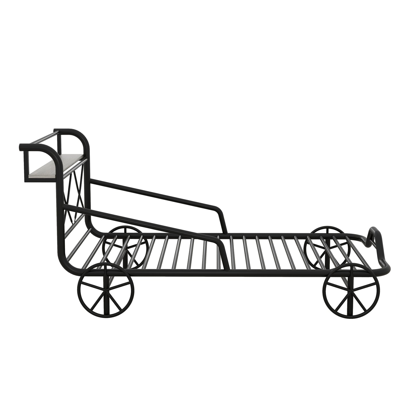 Twin Size Metal Car Bed with Four Wheels, Guardrails and  X-Shaped Frame Shelf, Black(: MF297599AAB)