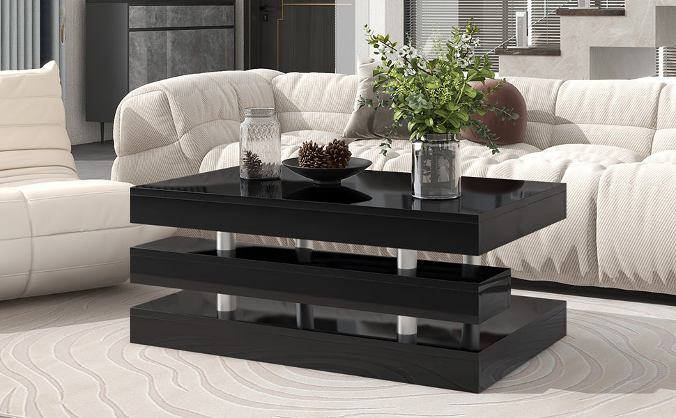 Black Contemporary 2-Tier Coffee Table with Sleek Metal Legs and High-Gloss UV Surface