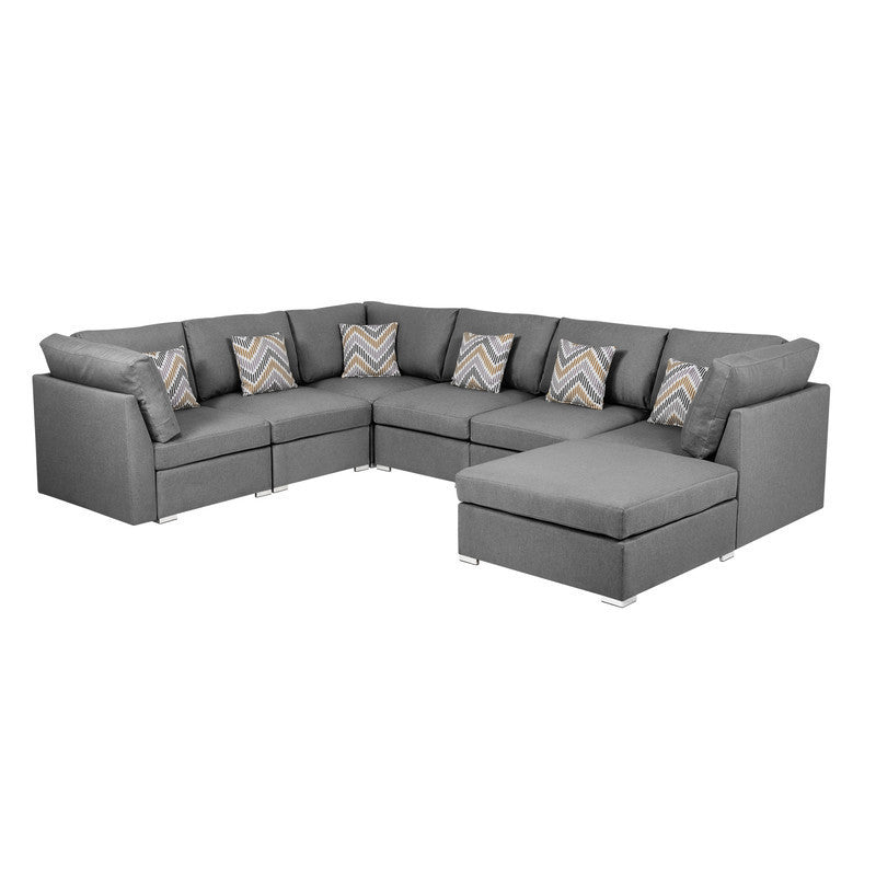 Amira Gray Fabric Customizable Modular Sectional Sofa with Ottoman and Accent Pillows