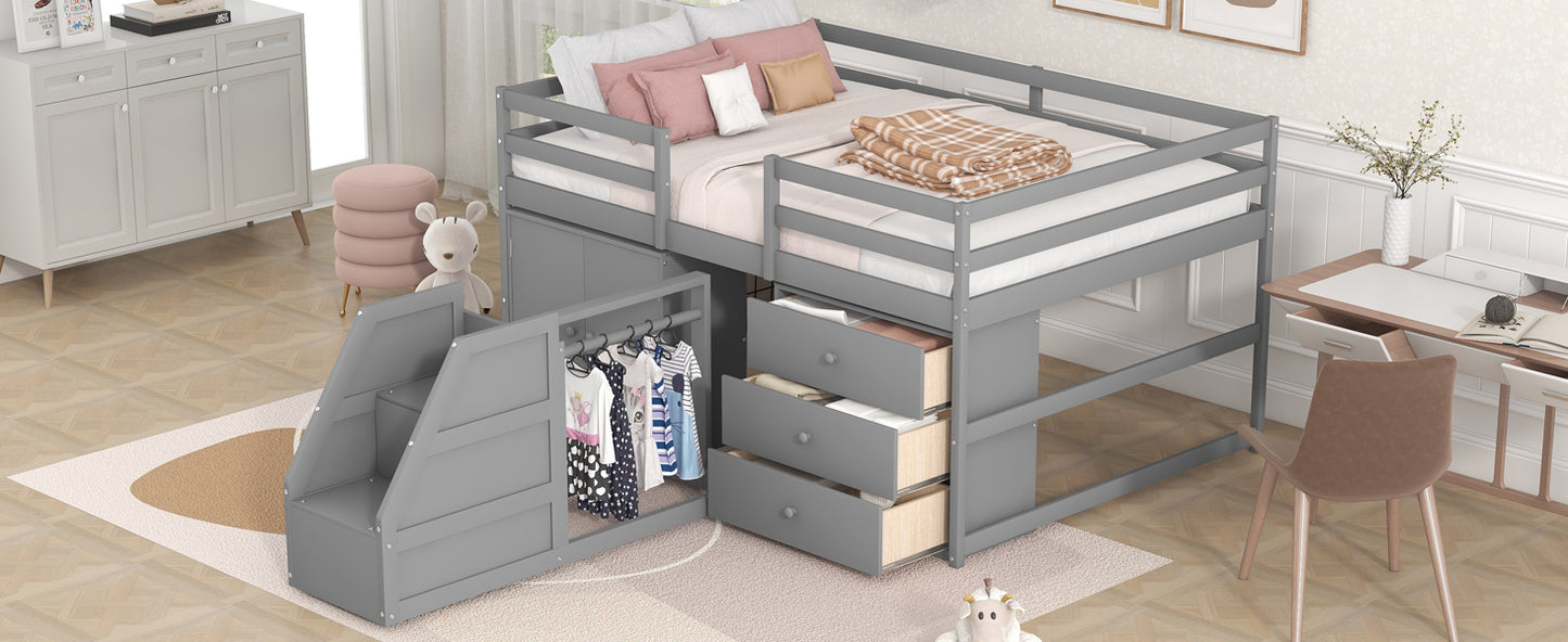 Full Size Functional Loft Bed with Cabinets and Drawers, Hanging Clothes at the back of the Staircase, Gray