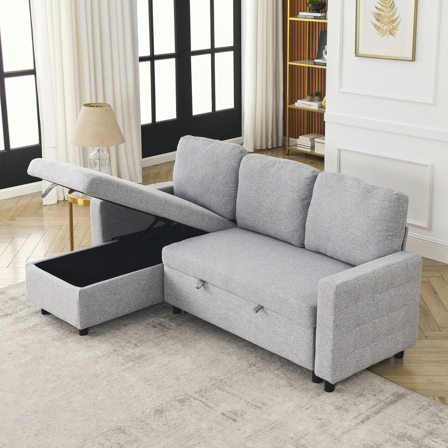 FX 78.8" Reversible Sleeper Combo Sofa with Pullout Bed, Comfortable Linen L-Shaped Combo Sofa Sofa Bed, Living Room Furniture Sets for Tight Spaces