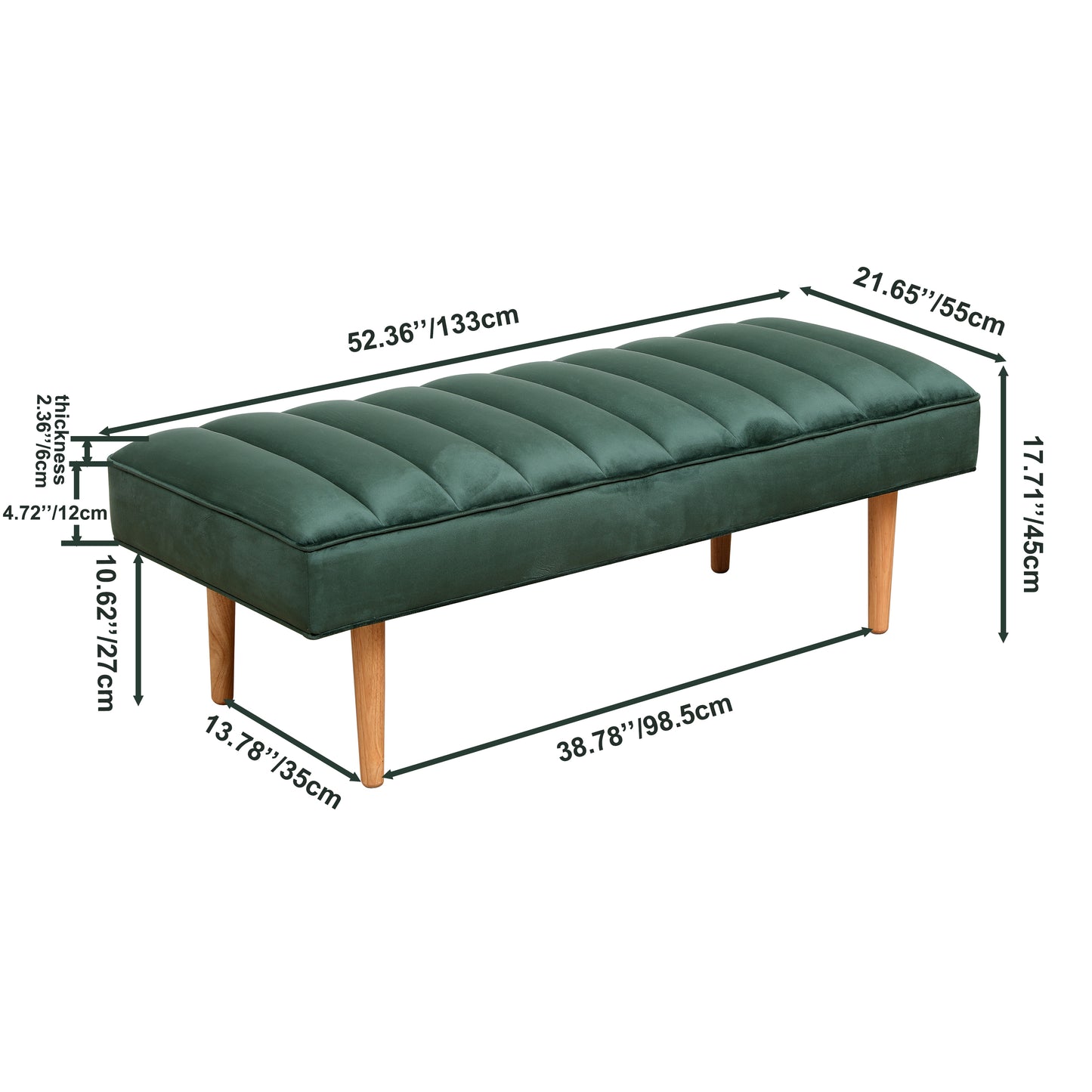 Accent Channel Tufted Ottoman Green Velvet End of Bed Bench for Bedroom, Living Room, Entryway (Green)