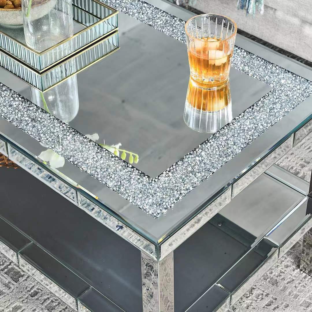 Elegant 2-Layer Crystal Mirror Stainless Steel Coffee Table for Various Spaces