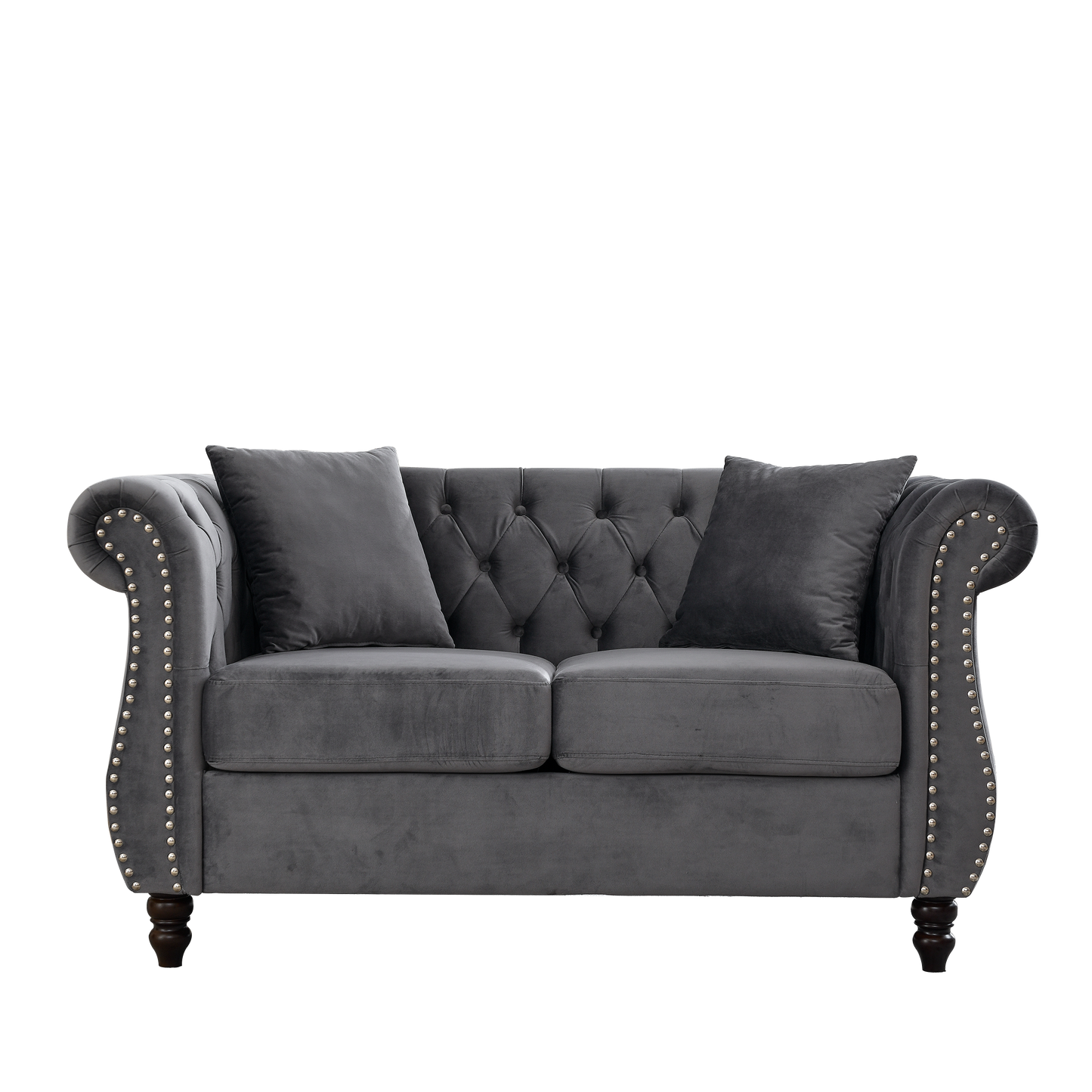 Classic Chesterfield 2-Seater Velvet Sofa in Grey with Rolled Arms and Nailhead Trim