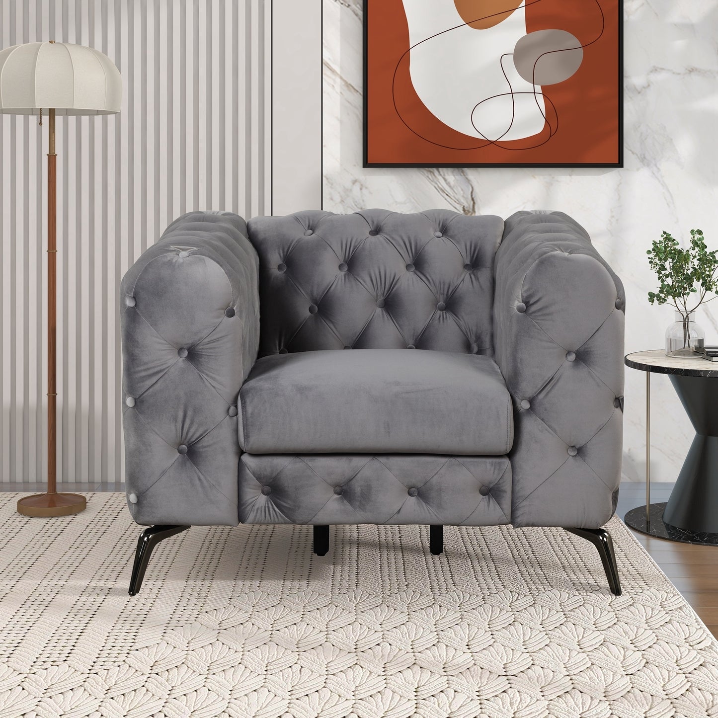 Modern Gray Velvet Upholstered Accent Sofa with Button Tufted Back