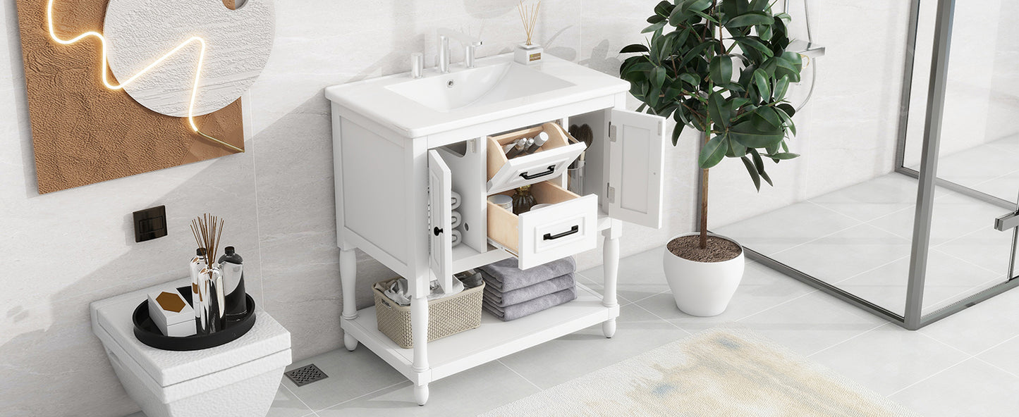 30" Bathroom Vanity with Sink Top, Bathroom Vanity Cabinet with Two Doors and Two Drawers, Solid Wood Frame, One Package, White