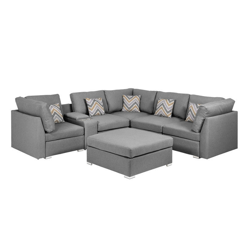 Amira Gray Fabric Sectional Sofa Set with USB Console and Ottoman