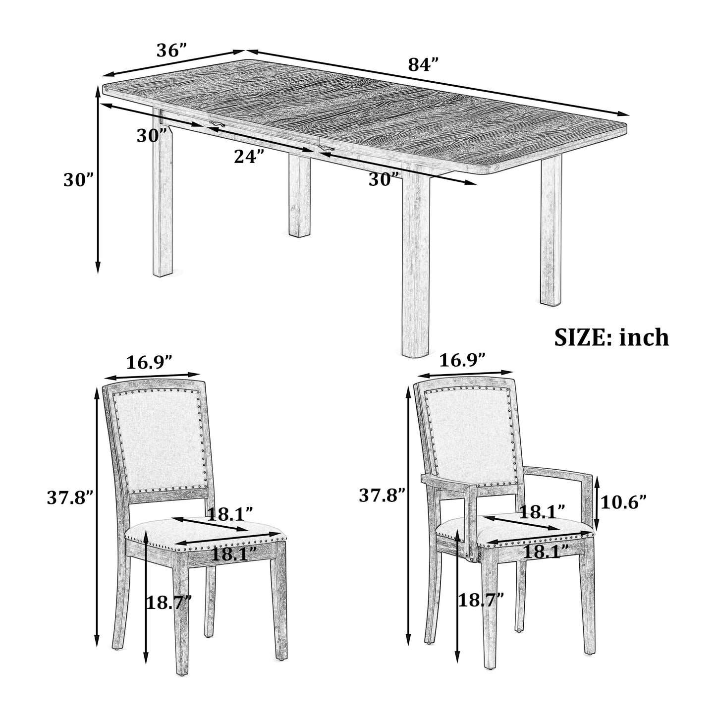 Rustic Extendable 84inch Dining Table Set with 24inch Removable Leaf , 6 Upholstered Armless Dining Chairs and 2 Padded Arm Chairs, 9 Pieces, Black