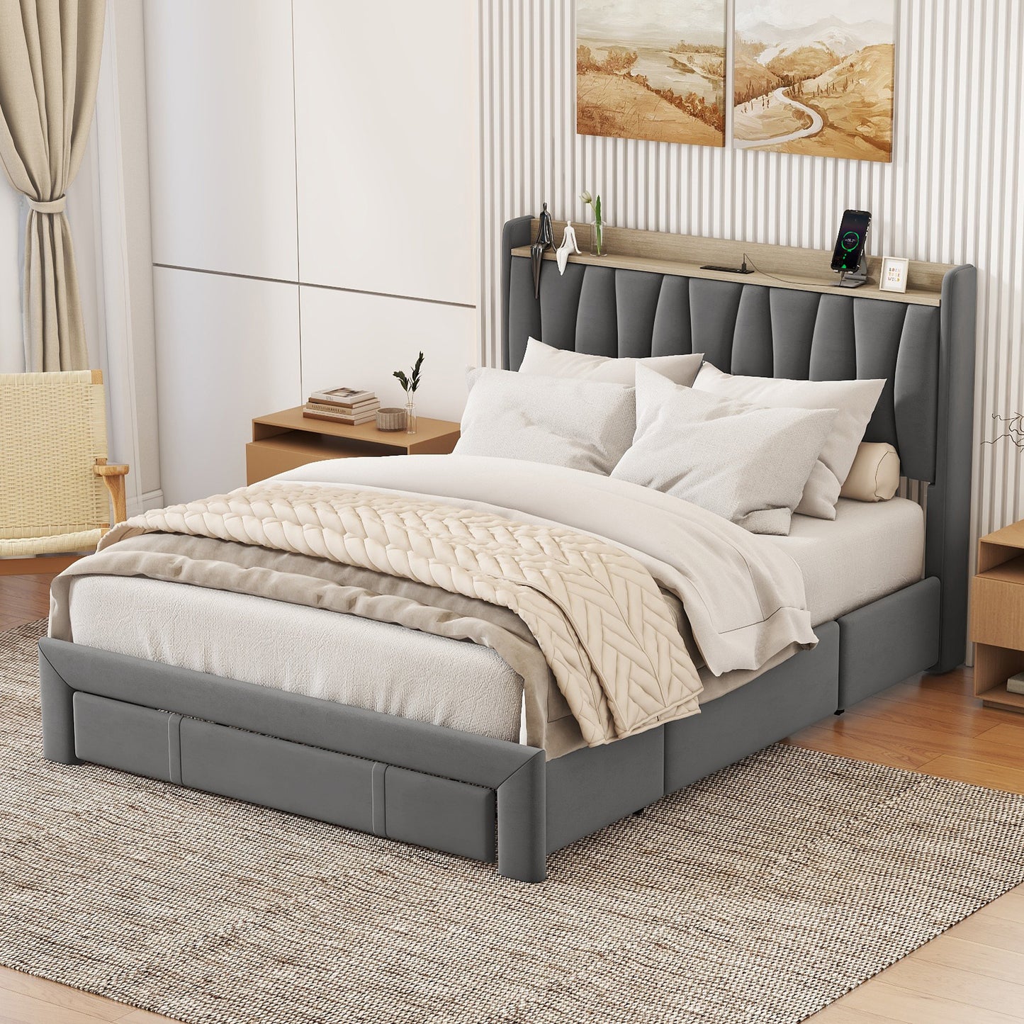 Queen Size Bed Frame with Storage Headboard and Charging Station, Upholstered Platform Bed with 3 Drawers, No Box Spring Needed, Dark Gray