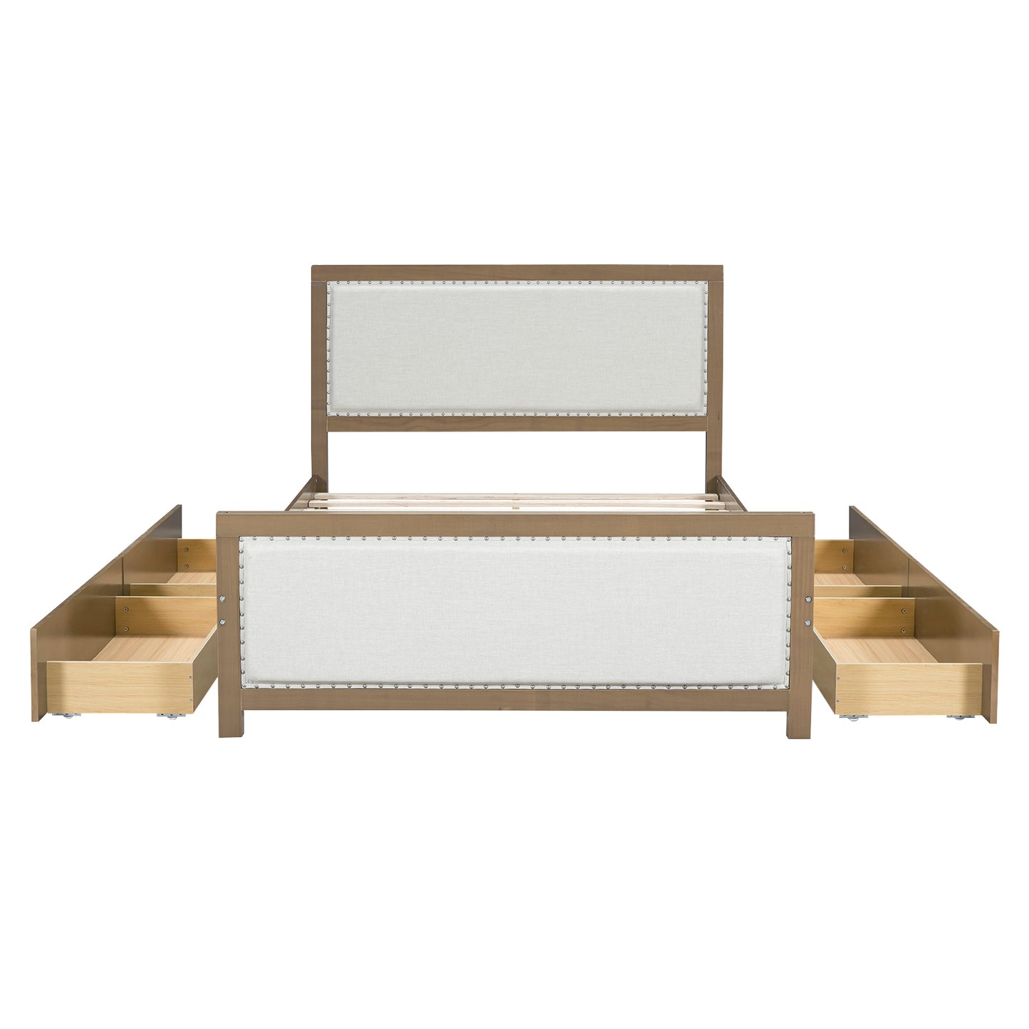 Queen Size Upholstered Platform Bed with Wood Frame and 4 Drawers, Natural Wooden+Beige Fabric