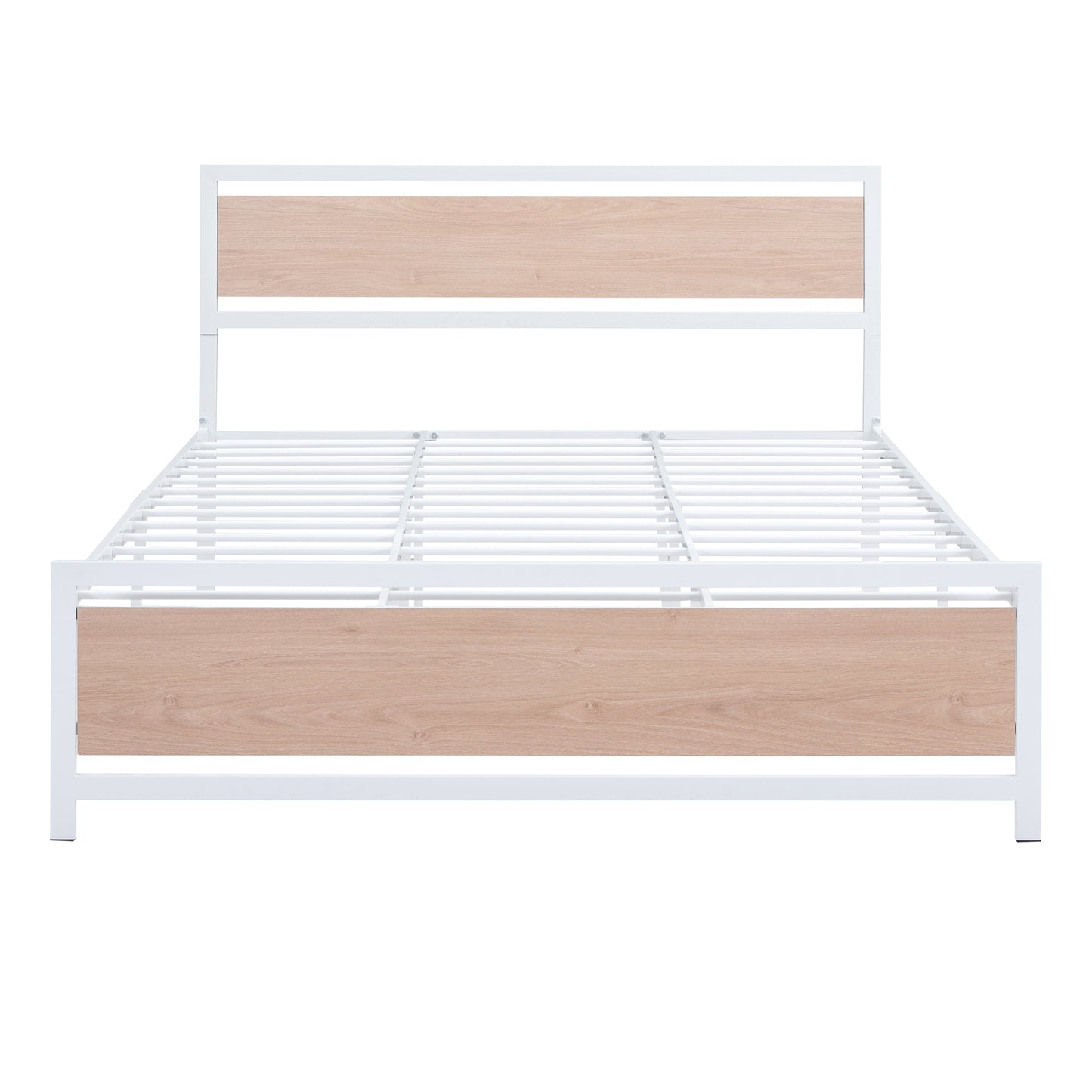 Queen Size Platform Bed, Metal and Wood Bed Frame with Headboard and Footboard , White