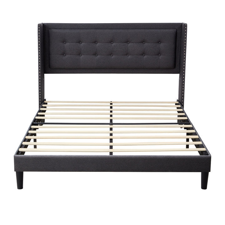 Molblly Queen Size Bed Frame with Upholstered Headboard, Strong Frame, and Wooden Slats Support, Non-Slip and Noise-Free, No Box Spring Needed, Easy Assembly, Dark Grey