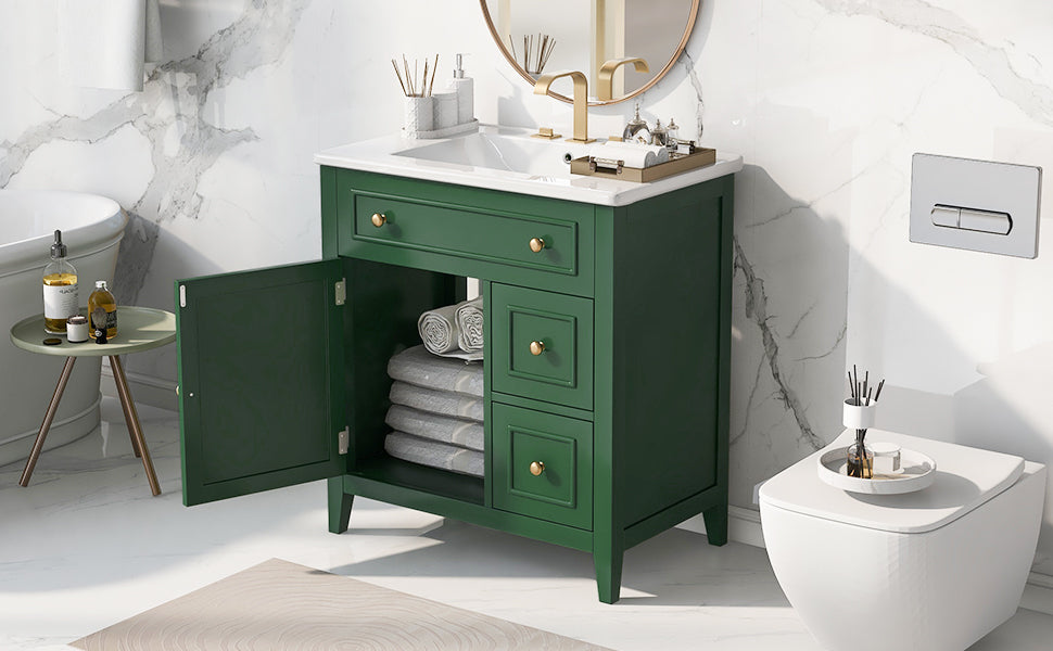 30" Bathroom Vanity with Sink Top, Bathroom Vanity Cabinet with Door and Two Drawers, Solid Wood Frame, One Package, Green