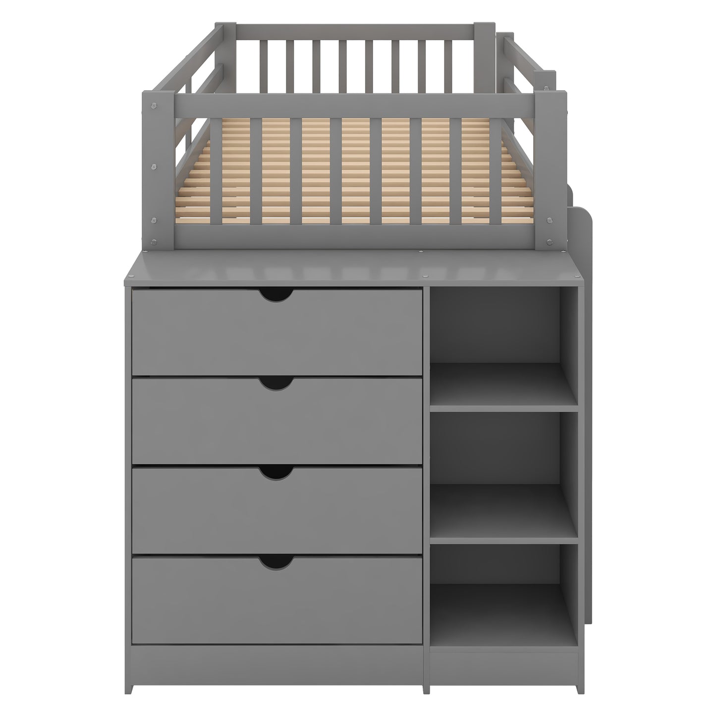 Gray Space-Saving Twin Bunk Bed with Storage Cabinet and Shelves