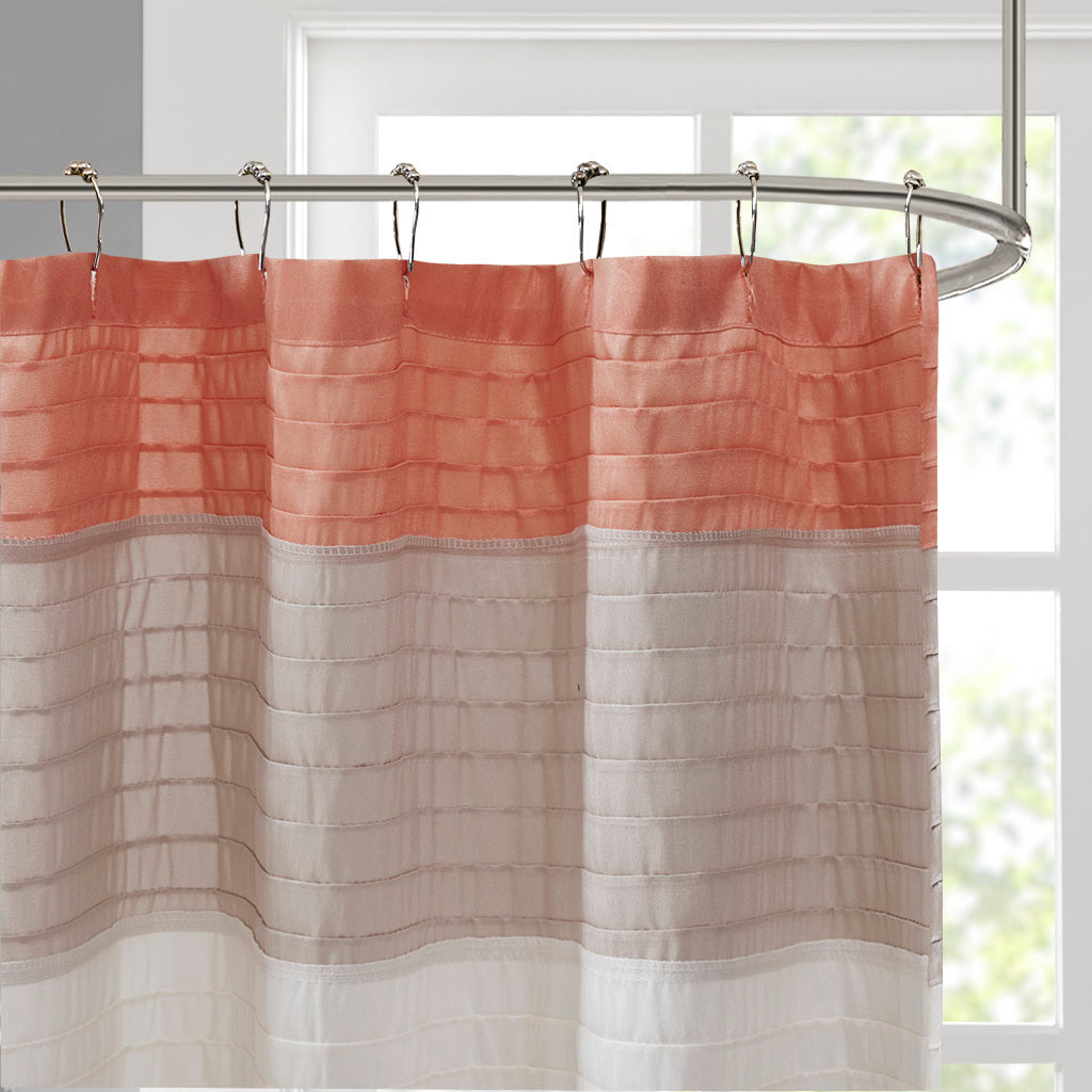 Coral Faux Silk Shower Curtain with Textured Pintuck Design