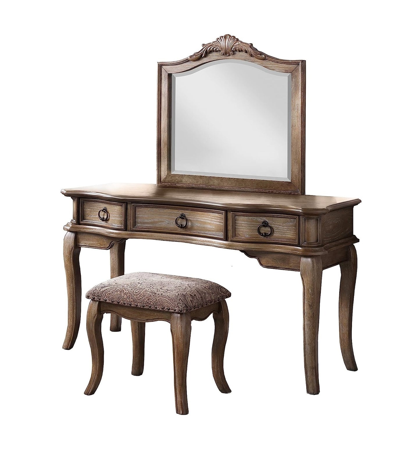 Contemporary Antique Oak Color Vanity Set w Stool Retro Style Drawers cabriole-tapered legs Mirror w floral crown molding Bedroom Furniture