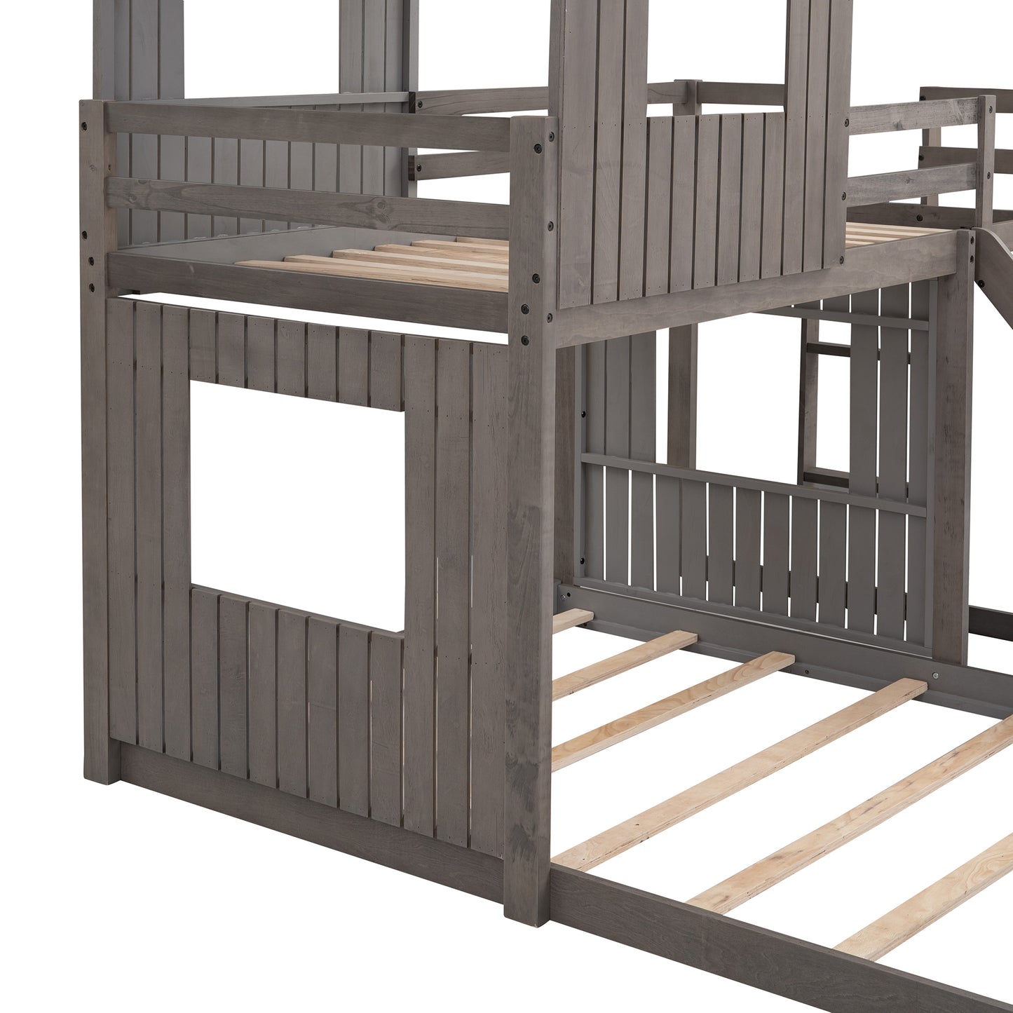 Playhouse Twin Over Full Bunk Bed with Ladder, Slide, and Guardrails in Farmhouse Style