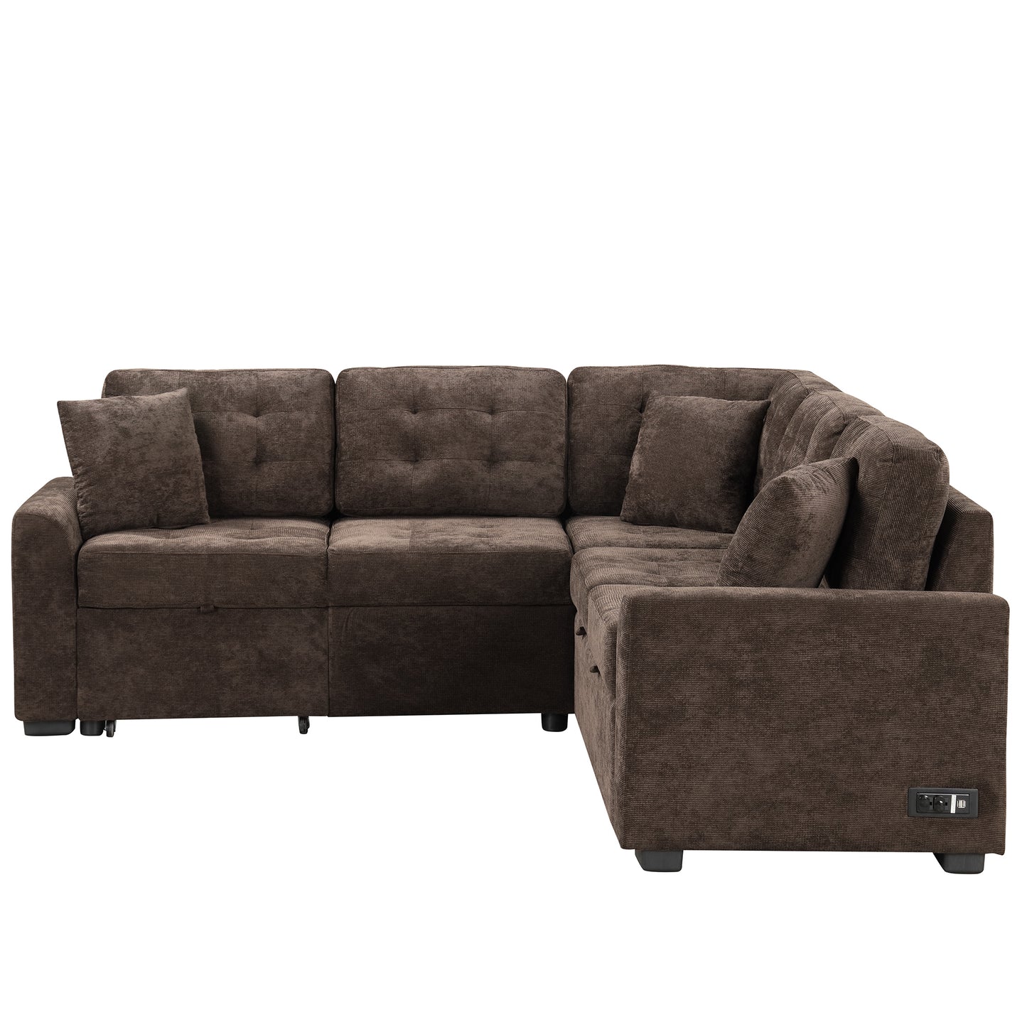 Convertible L-Shape Sleeper Sofa with USB Ports and Power Sockets, Brown