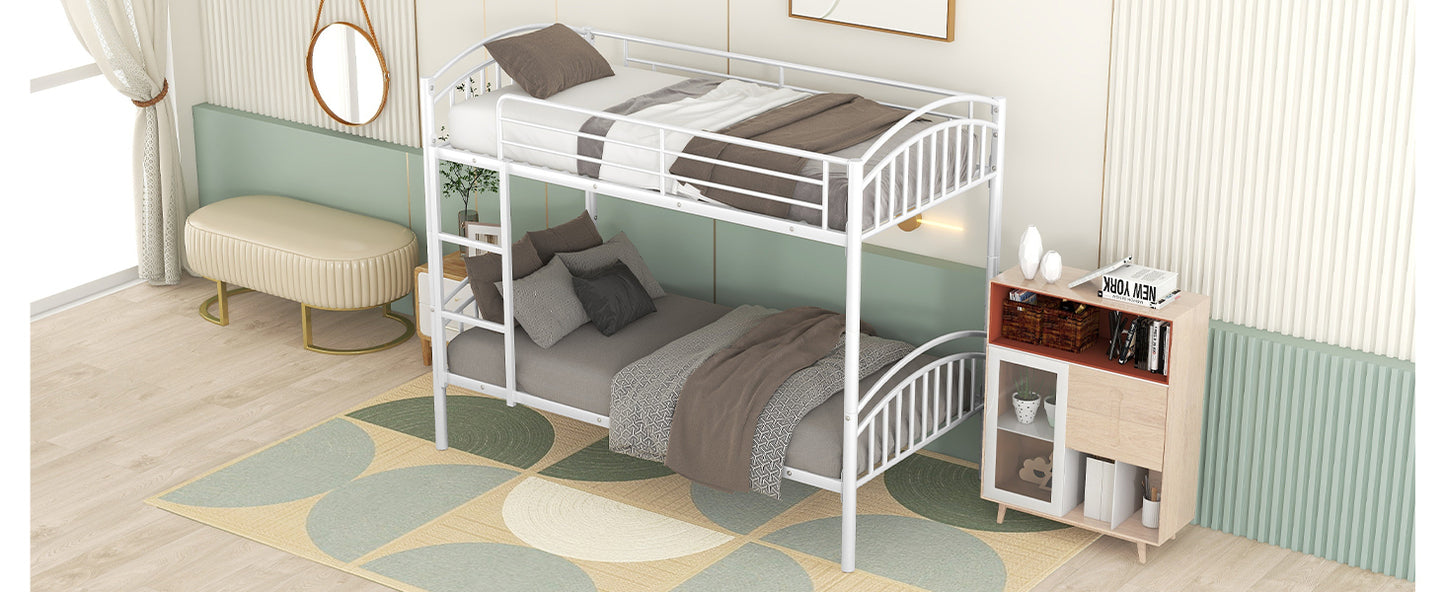 Chrome Finish Metal Twin Bunk Bed - White, Separable Twin Beds