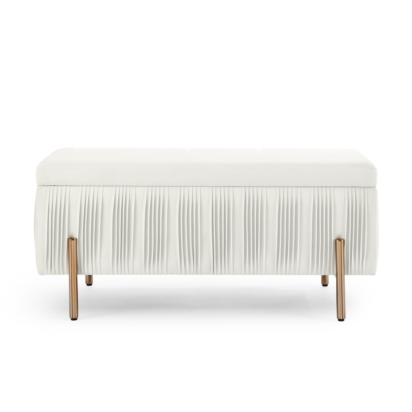 Elegant Upholstered Velvet Storage Bench with Cedar Wood Veneer, Large Storage Ottoman with Electroplate Iron Legs for Hallway Living Room Bedroom, Beige