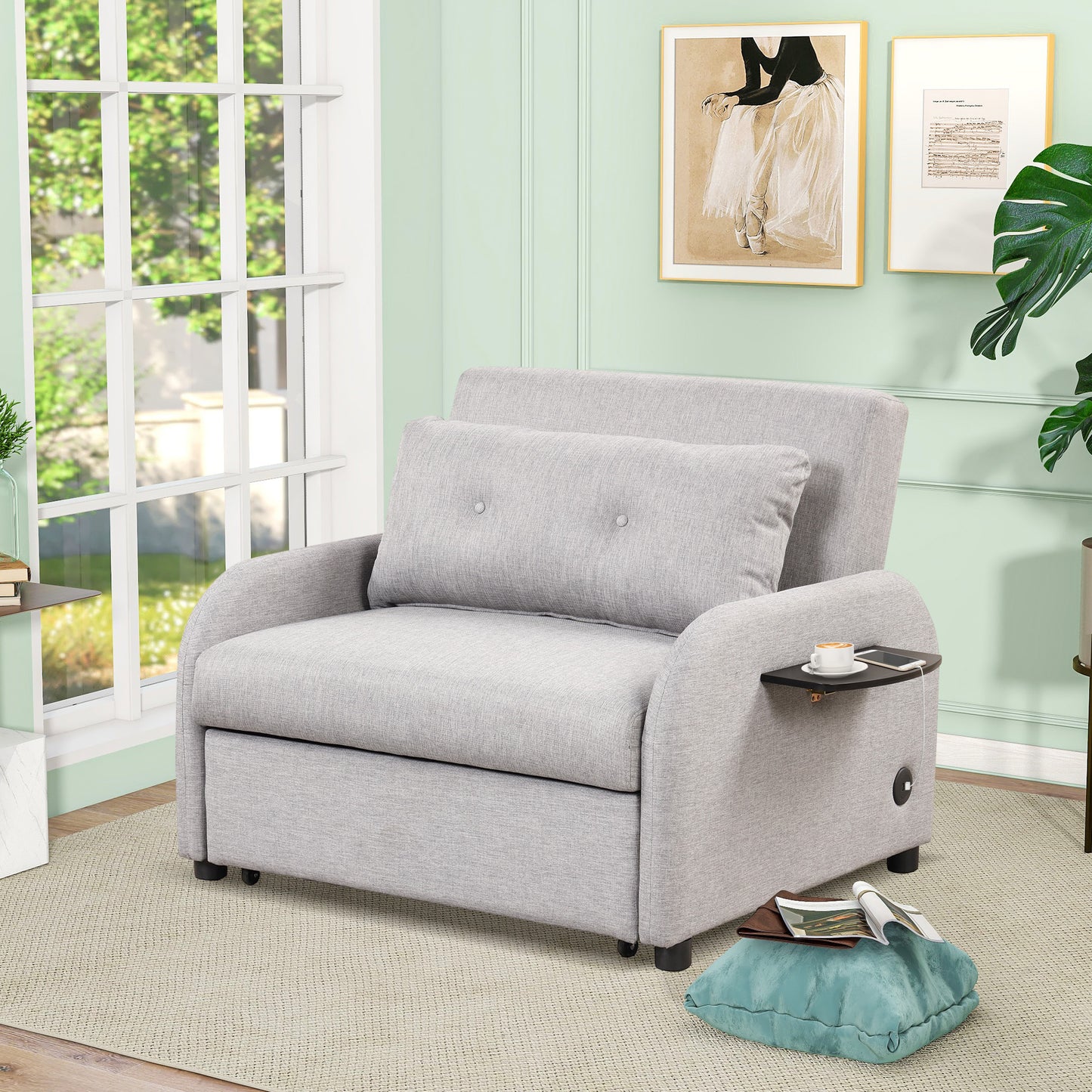 pull out sofa sleeper 3 in 1 with 2 wing table and usb charge for nap line fabric for living room recreation room grey