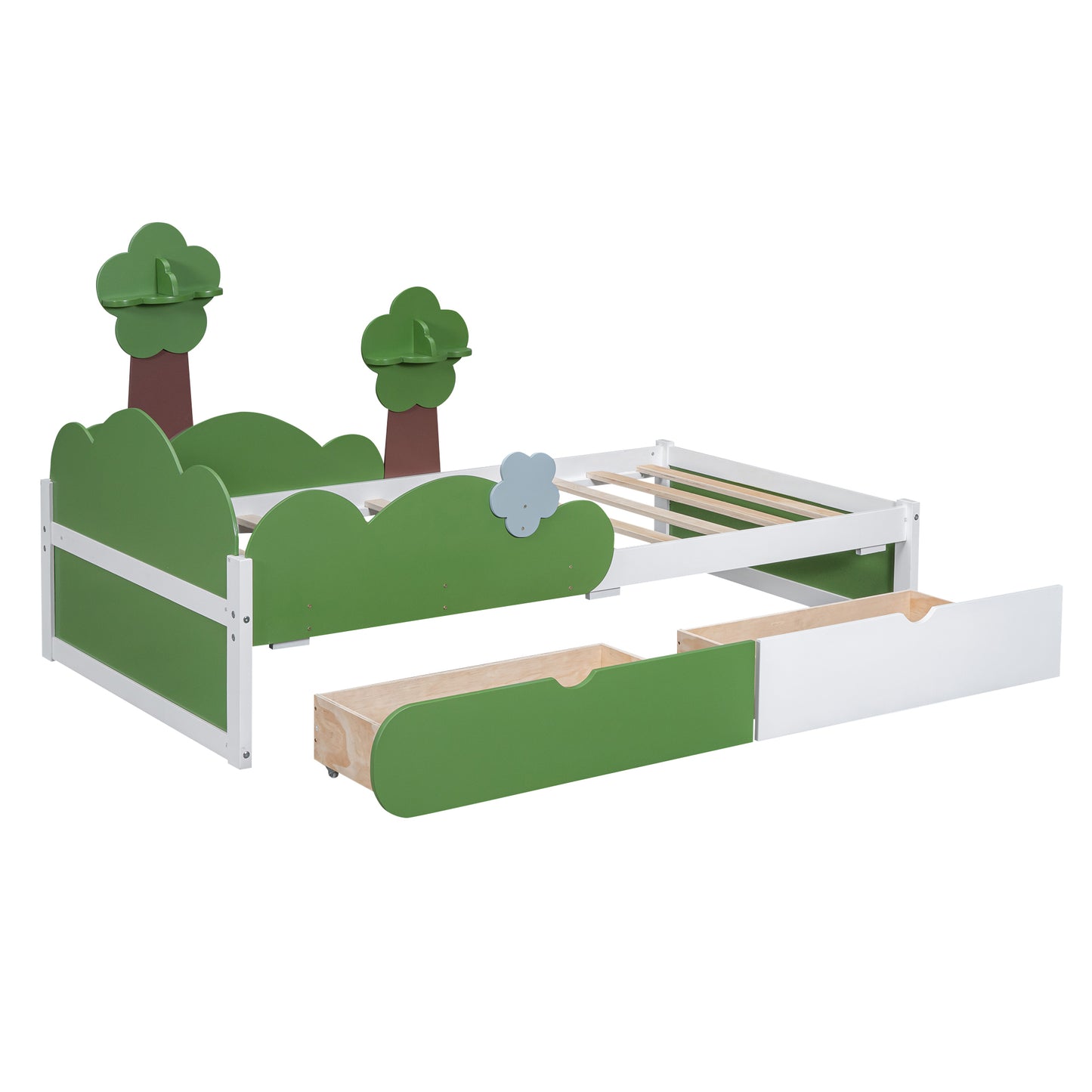 Twin Size Bed with Grass Hill and Trees Decor