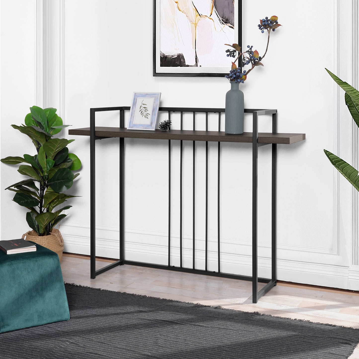 Compact Walnut and Black Console Table with Ample Storage Space