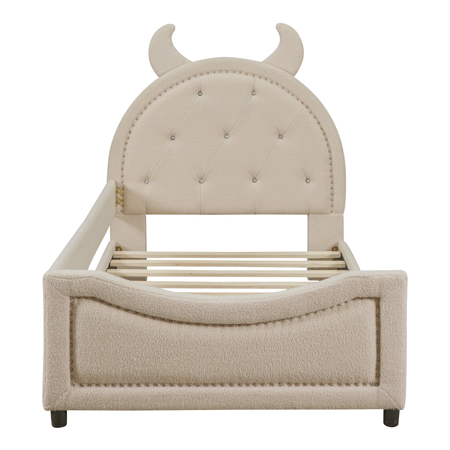 Teddy Fleece Twin Size Upholstered Daybed with OX Horn Shaped Headboard, Beige