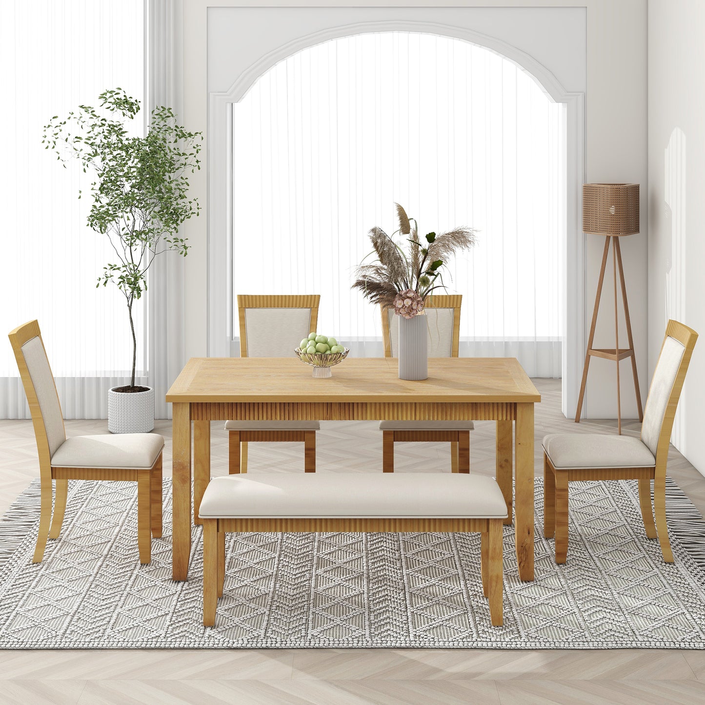 Rustic Solid Wood 6-piece Dining Table Set, PU Leather Upholstered Chairs and Bench, Natural Wood Wash