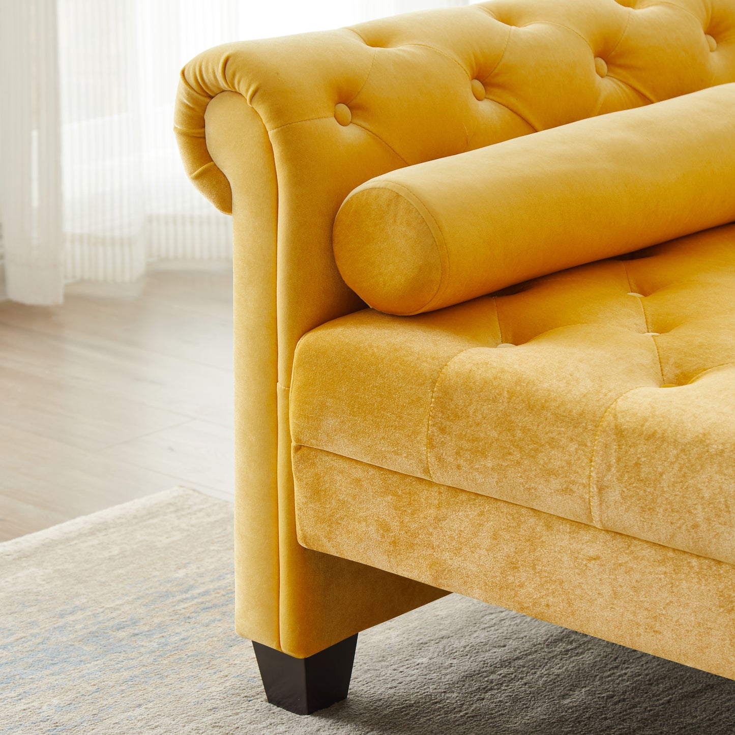 Yellow Pleuche Rectangular Large Sofa Stool with Comfortable Cushions and Armrests