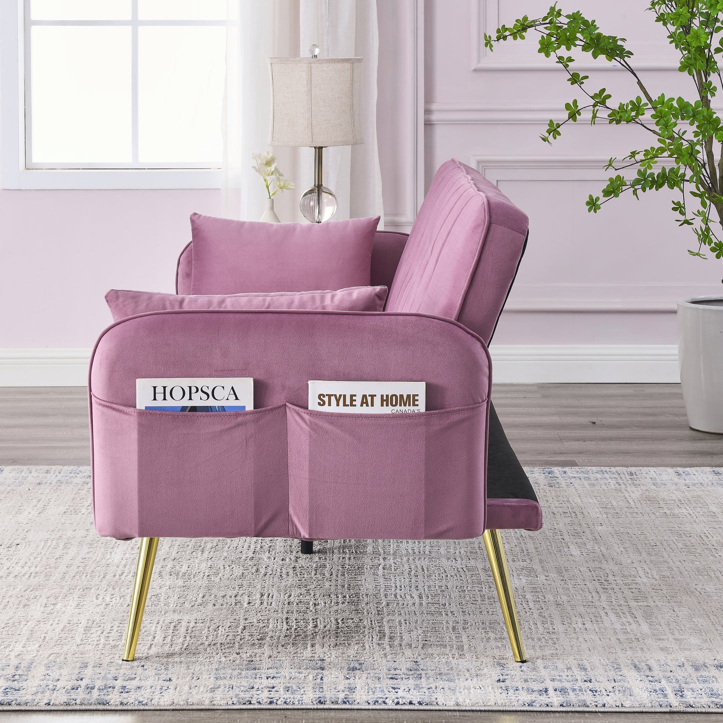 72.5 Pink Velvet Convertible Sofa Bed with Adjustable Backrest and Metal Legs