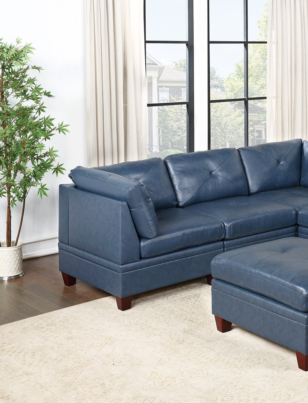 Ink Blue Genuine Leather Modular Sofa Set with Tufted Back and Ottoman