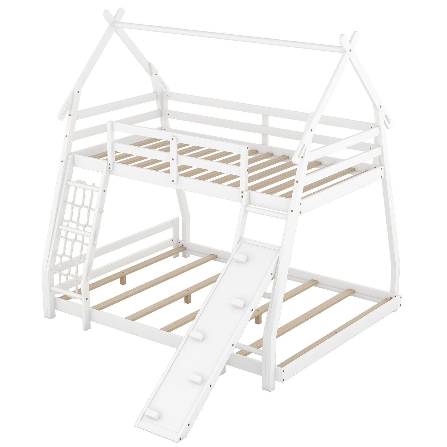 Twin and Queen Climbing House Bunk Bed with Nets and Ramp in White