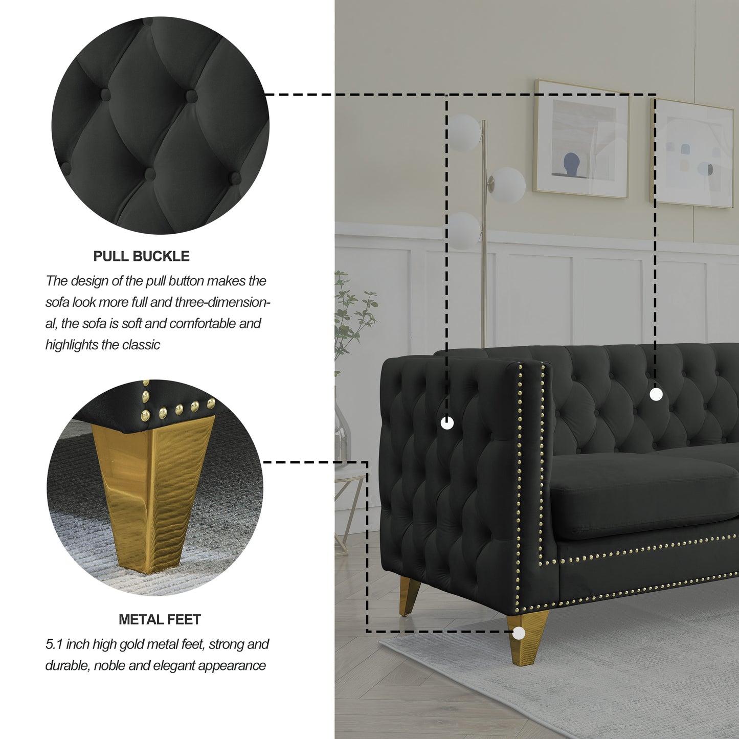 Velvet Sofa for Living Room,Buttons Tufted Square Arm Couch, Modern Couch Upholstered Button and Metal Legs, Sofa Couch for Bedroom, Black Velvet