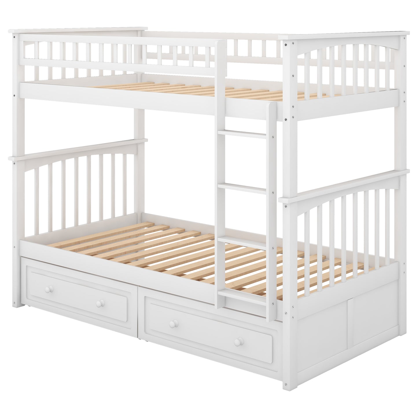 Twin Bunk Bed with Storage Drawers and Convertible Design in White