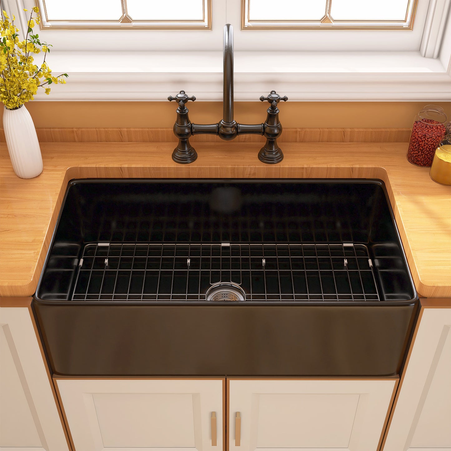 33 Black Fireclay Farmhouse Kitchen Sink with Bottom Grid and Drain