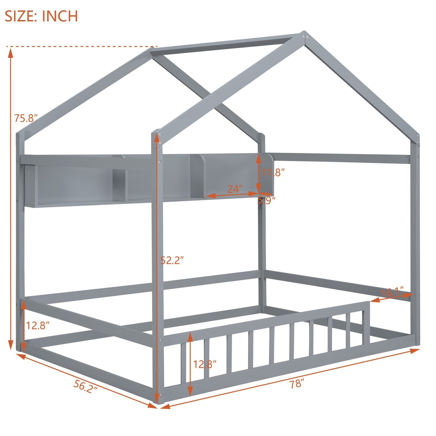 Wooden Full Size House Bed with Storage Shelf,Kids Bed with Fence and Roof, Gray