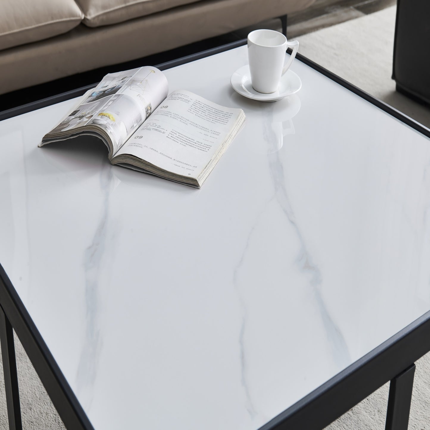 Streamlined Square Coffee Table: Black Metal Frame with Sintered Stone Tabletop