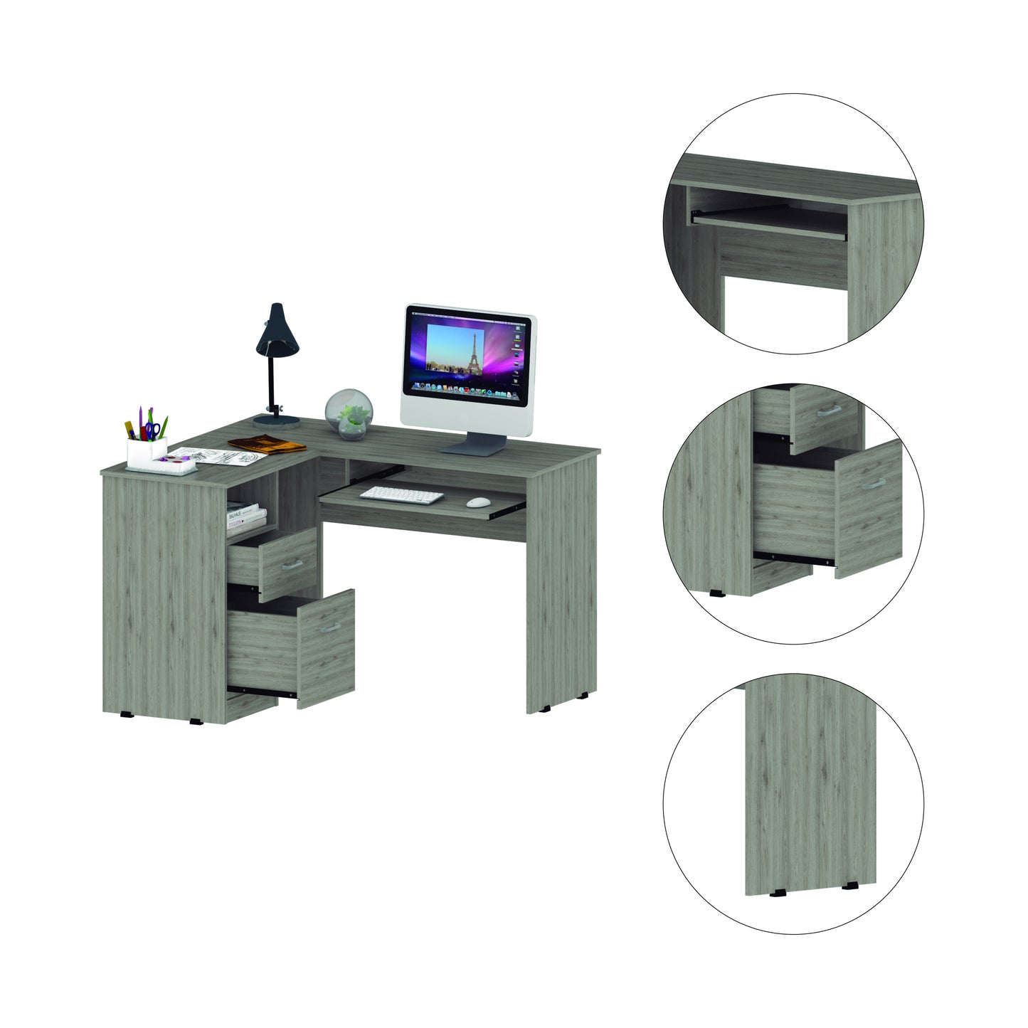 Mix L-Shaped Desk with Keyboard Tray, Drawers, and Open Shelf - Light Gray