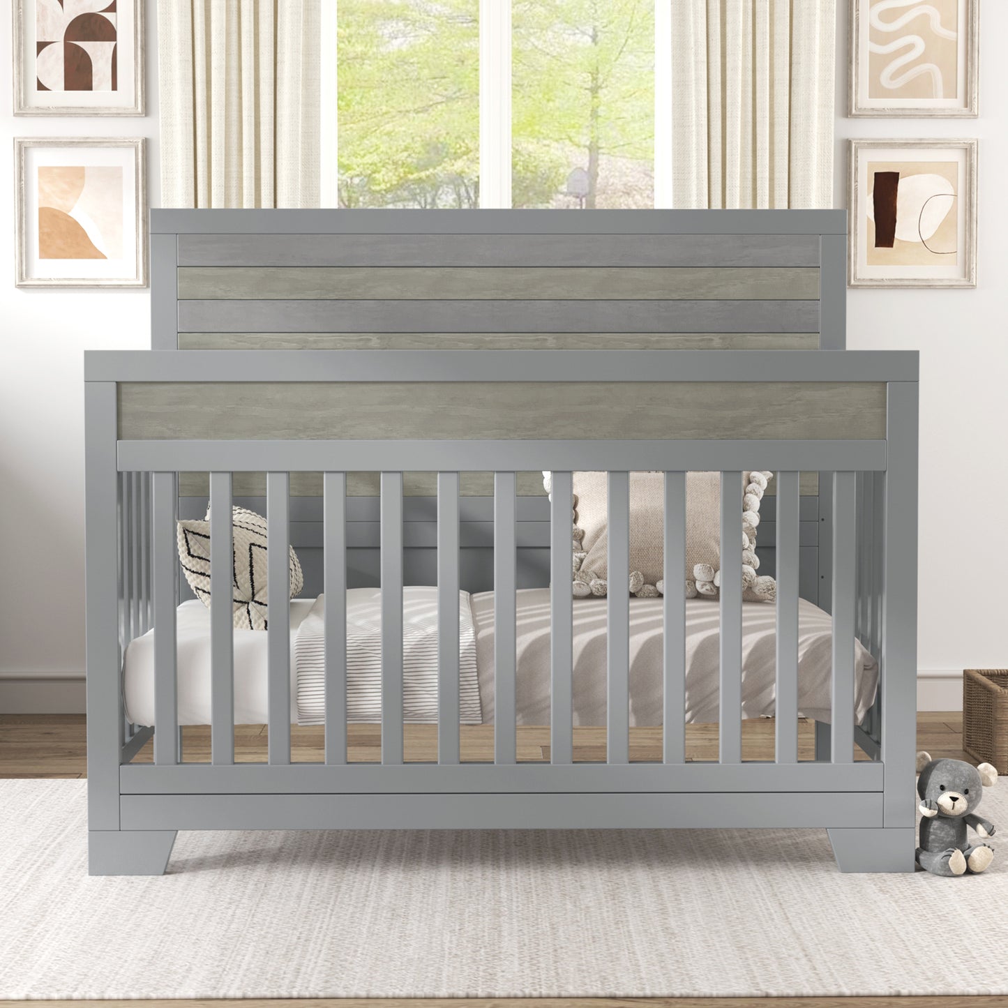 Certified Baby Safe Crib, Pine Solid Wood, Non-Toxic Finish, Gray