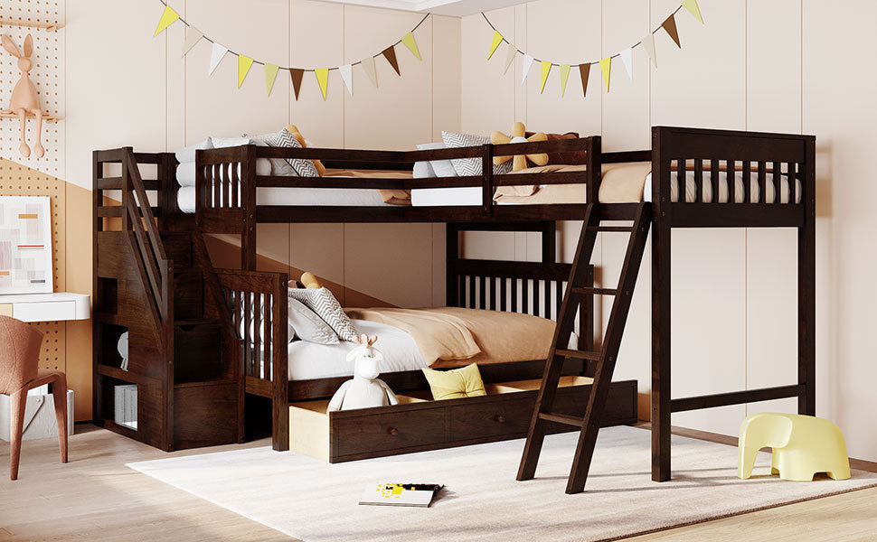 Espresso Twin over Full Bunk Bed with 3 Storage Drawers, Ladder, and Staircase