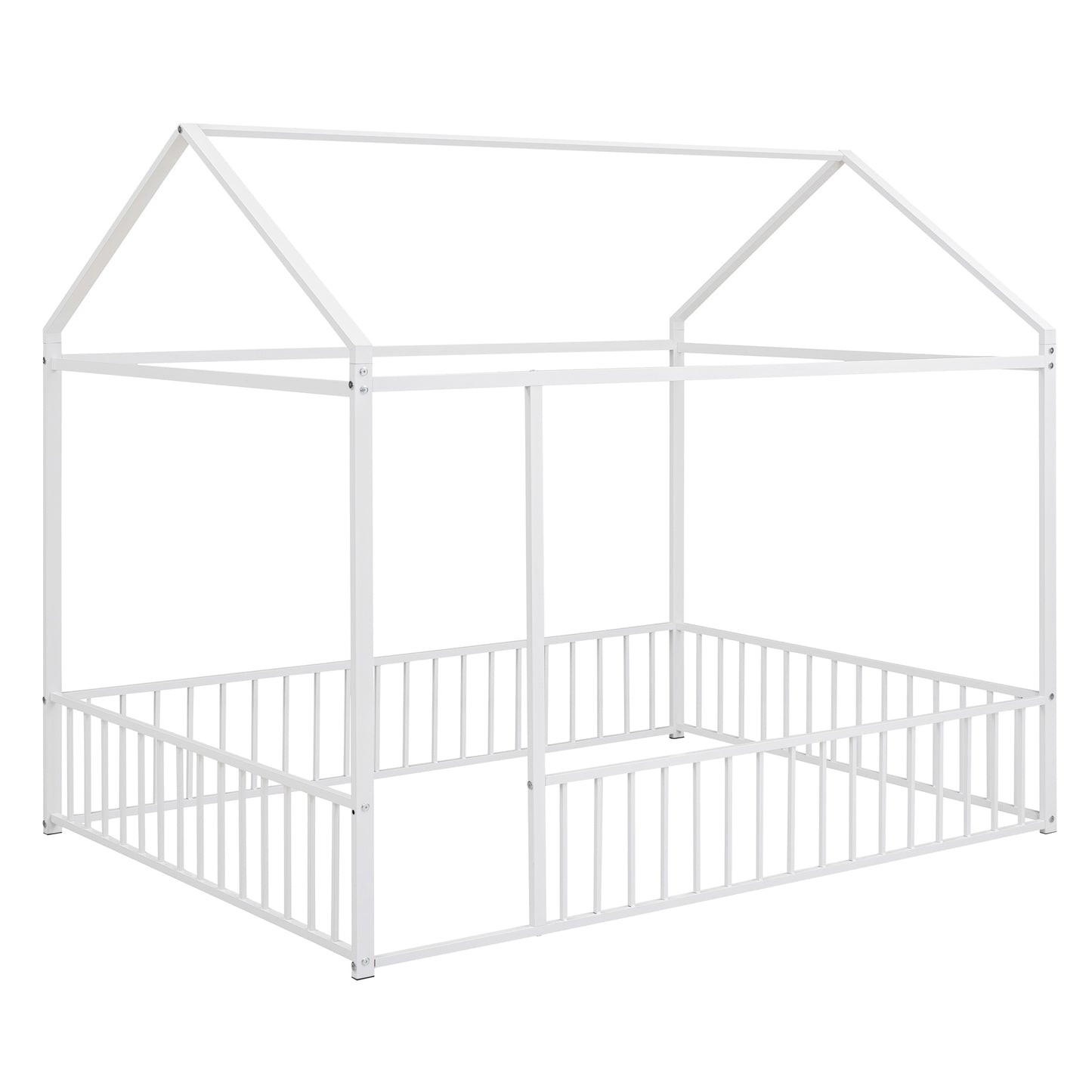 Full Size Metal Bed House Bed Frame with Fence, for Kids, Teens, Girls, Boys,White