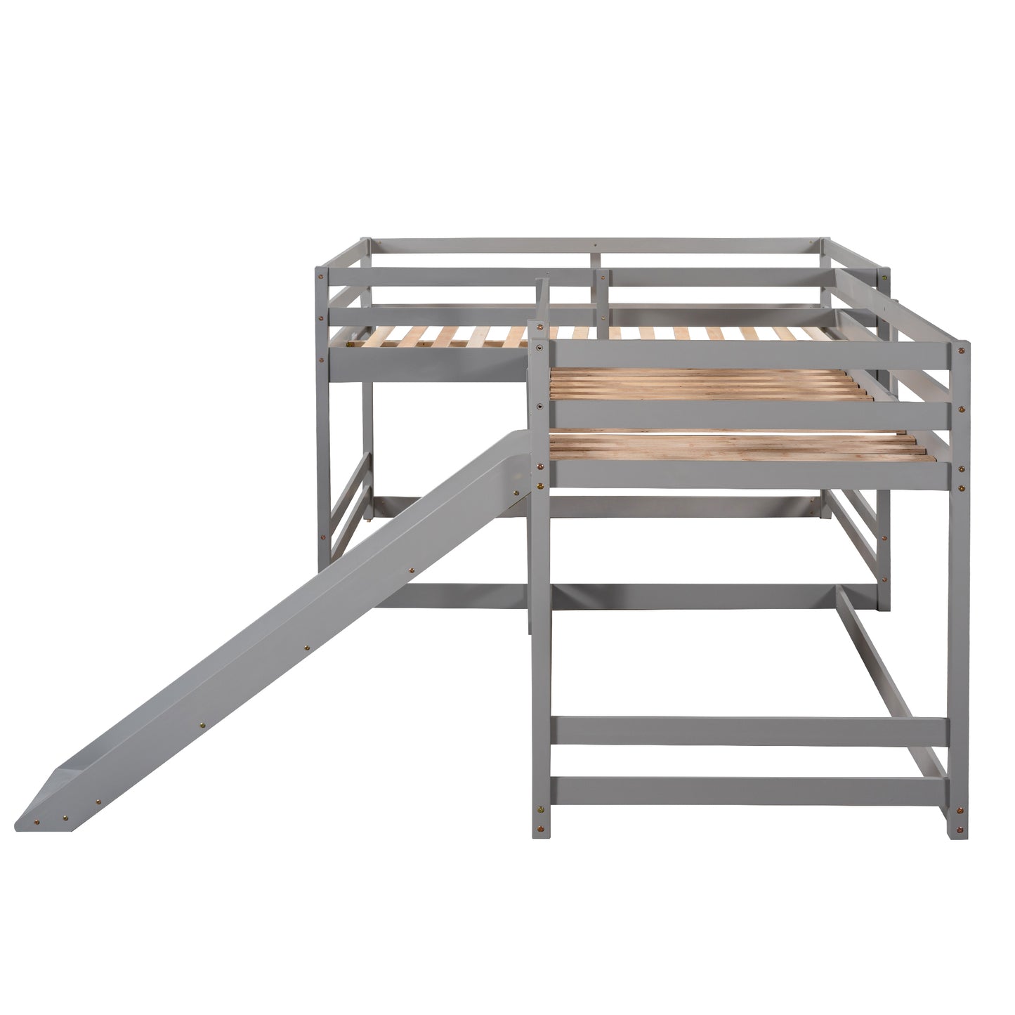 Gray L-Shaped Bunk Bed with Full and Twin Size, Slide, and Short Ladder