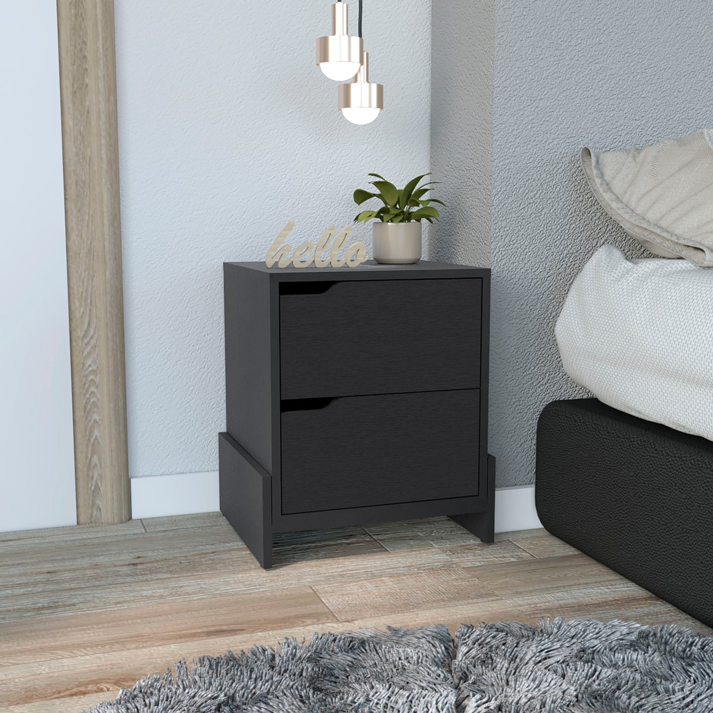 Nightstand Brookland, Bedside Table with Double Drawers and Sturdy Base, Black Wengue Finish