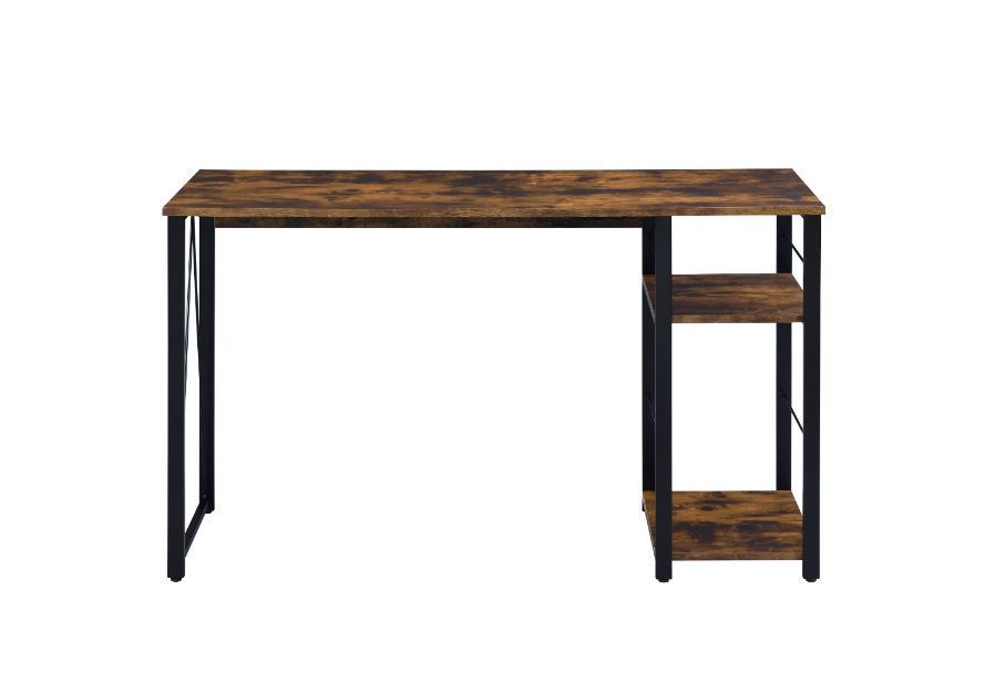 Vadna Weathered Oak Industrial Writing Desk with Two-Tier Shelf